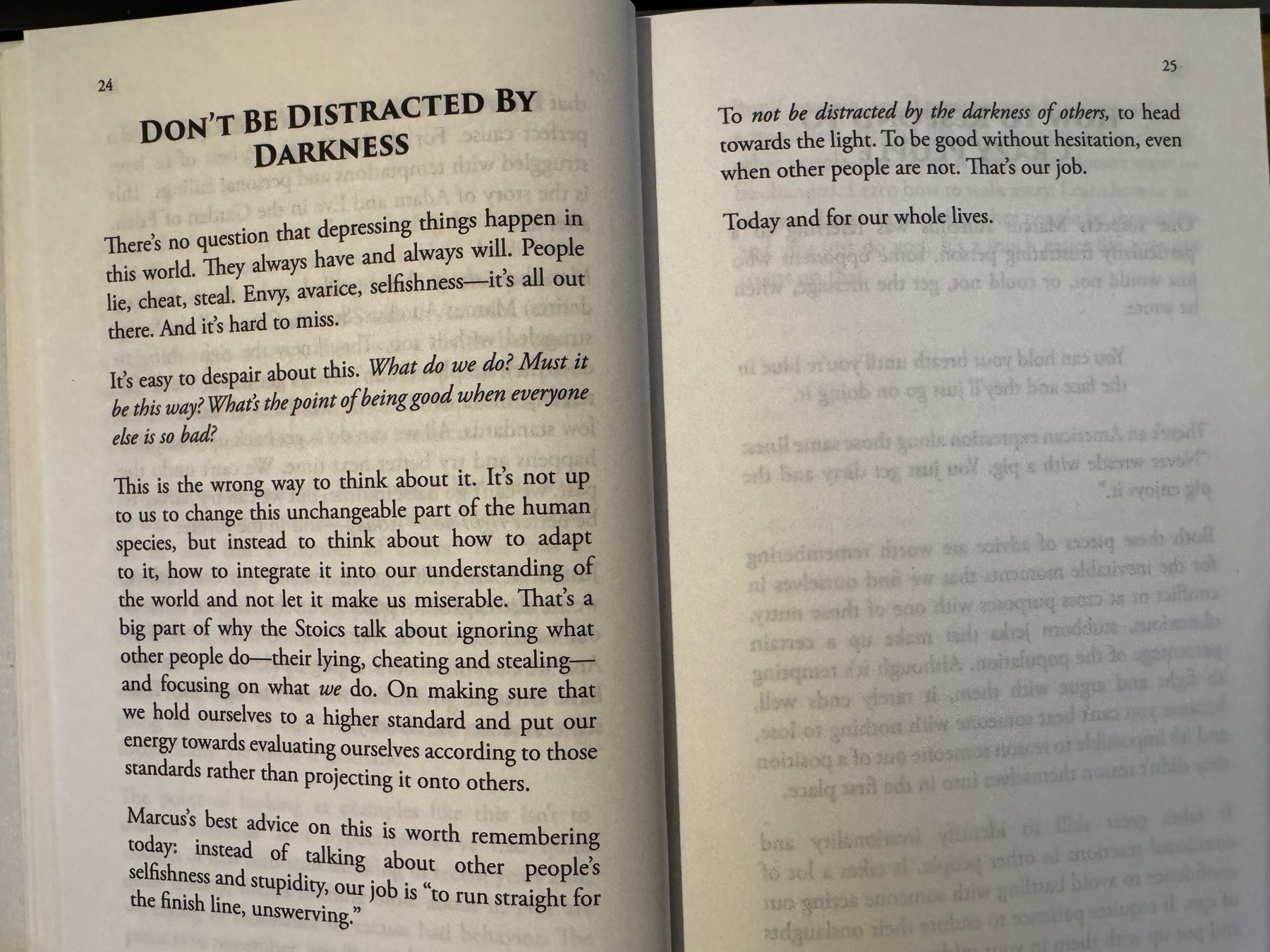 Two pages from a book titled ‚Don't Be Distracted by Darkness.‘ The text discusses handling negative aspects of the world like envy and selfishness, encouraging focusing on personal standards and actions rather than others' faults. Emphasizes being good despite others' lower standards and bad-faith actions. 