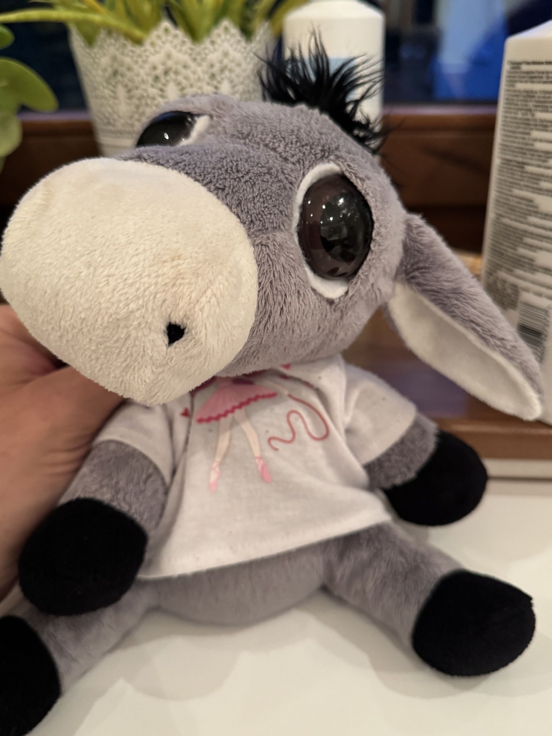 Graues Esel-Plüschtier mit großen Augen und schwarzer Mähne in weißem T-Shirt