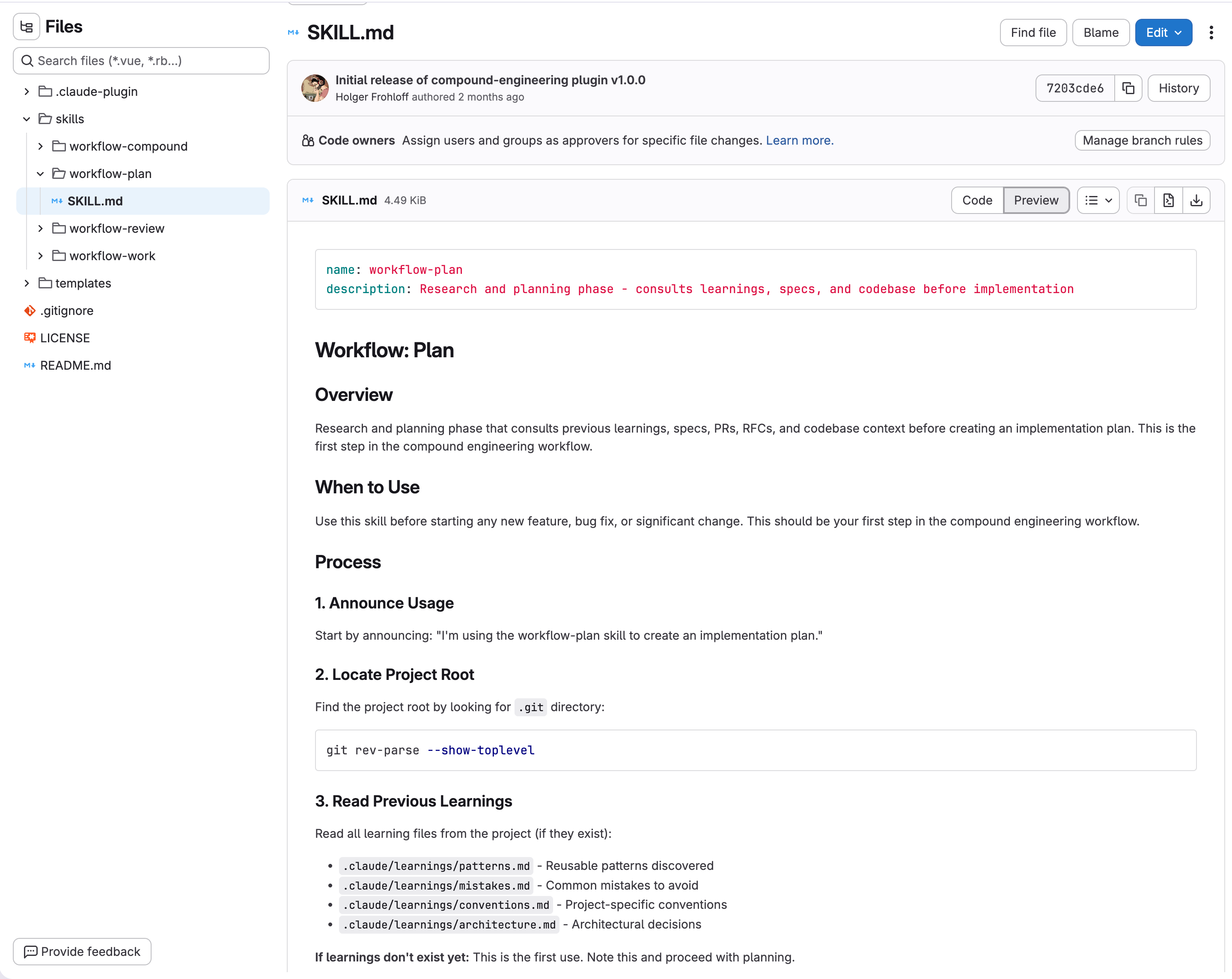 Auto-generated description: Eine GitHub-Seite wird angezeigt, die den Inhalt der Datei SKILL.md mit Anweisungen zur Verwendung einer Workflow-Planung und Implementierung beschreibt.